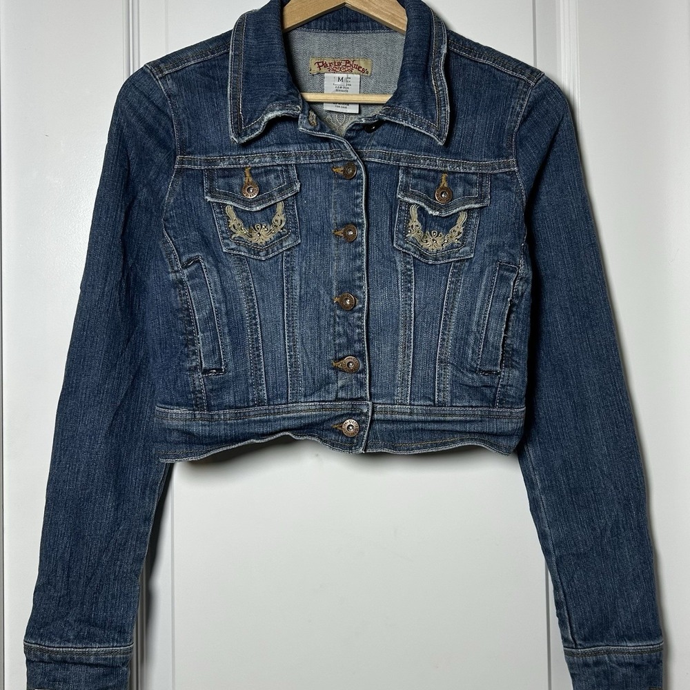 Paris Blues Y2K Gold Embroidered Rhinestone Cropped Stretch Denim Jacket